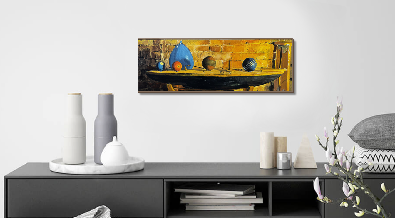 A photo of a painting of a Sailboat with Balls and Blue Balloon on a white wall.