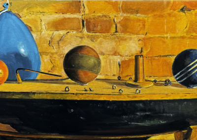 A painting of a Sailboat with Balls and Blue Balloon